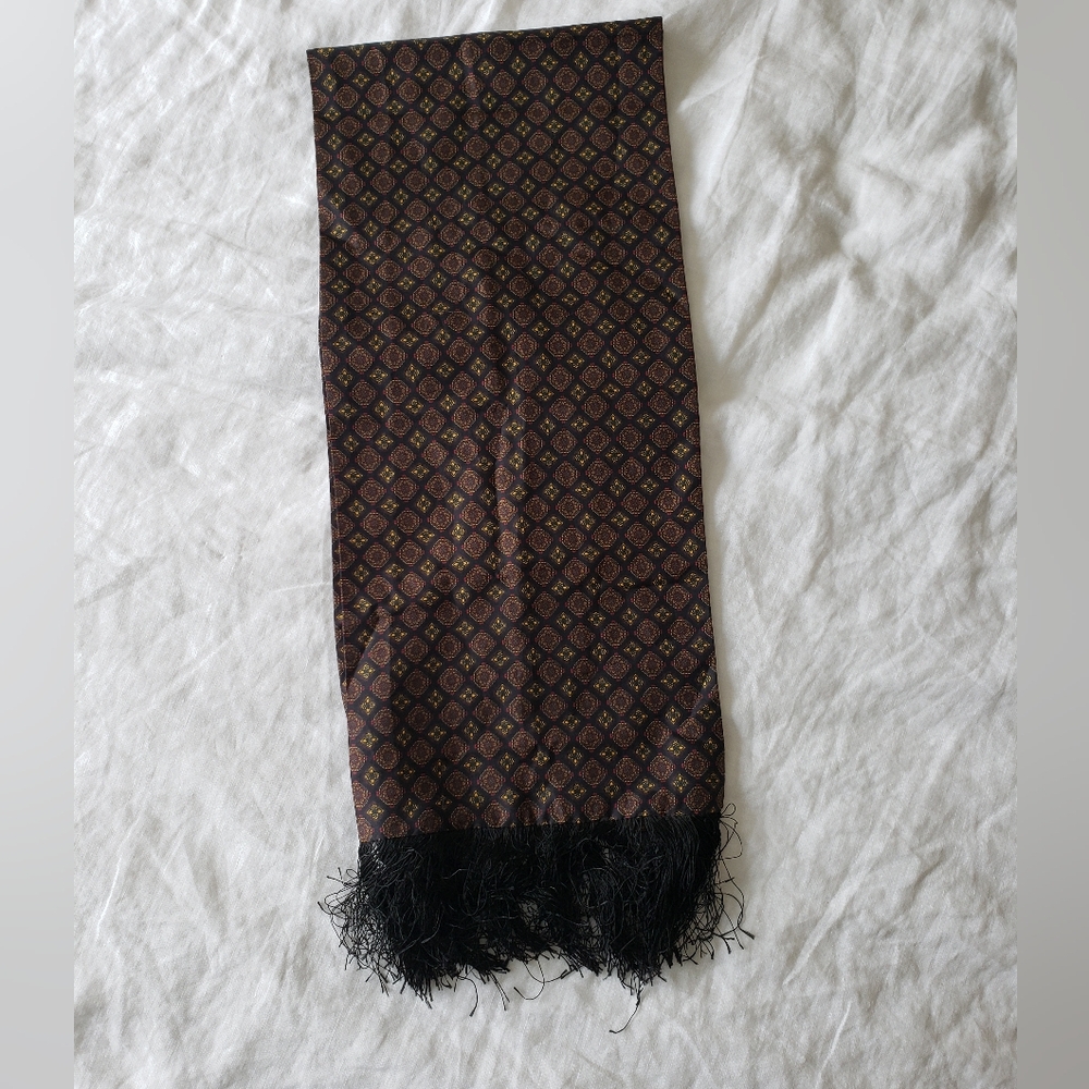 Vintage French tie print silk scarf with fringe